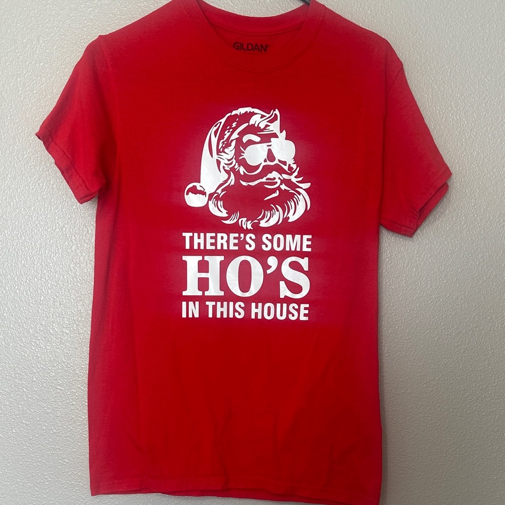 Gildan Red Tee with White Santa Graphic and Holiday Text